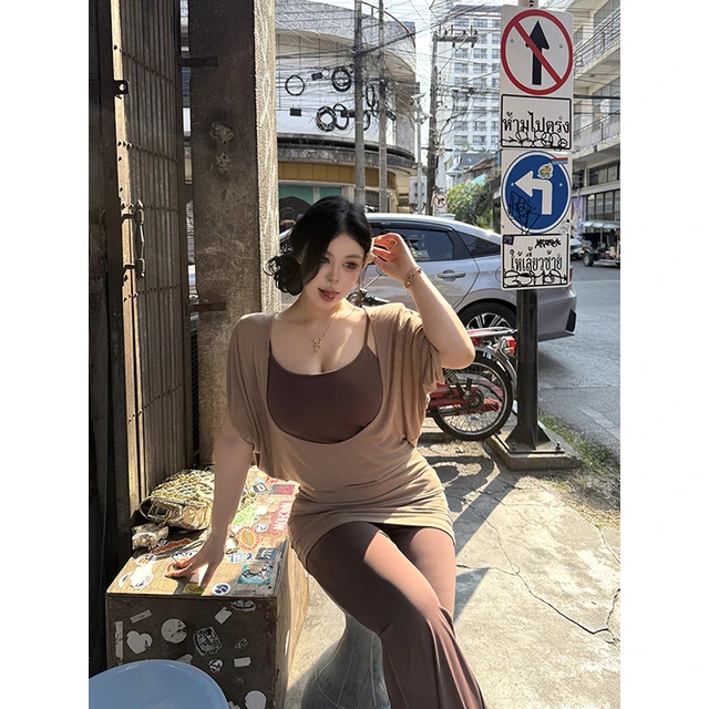 黑泽玄七瑜伽套装2025春季新款微胖大码显瘦带胸垫上衣两件套女新