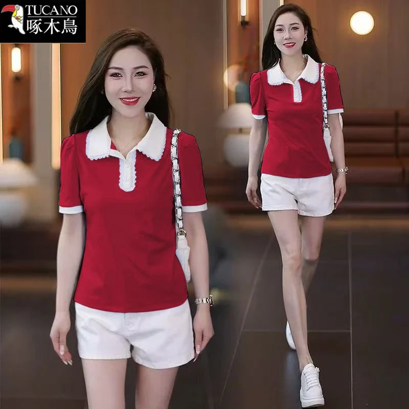啄木鸟2025年夏季短袖POLO领撞色拼接T恤新款减龄潮流小众上衣女