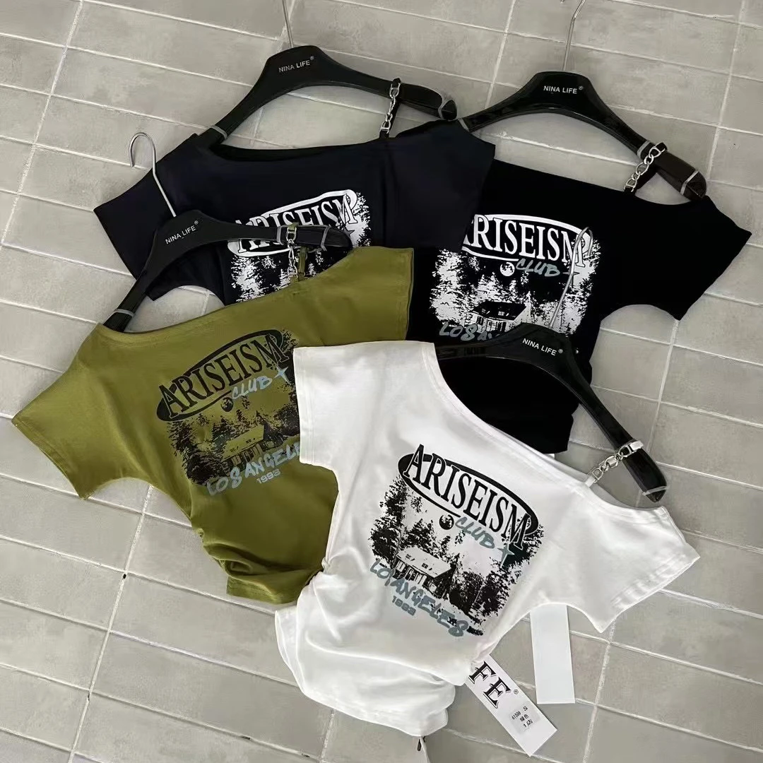 美式辣妹字母印花露肩短袖T恤女夏季新款褶皱修身显瘦短款上衣潮