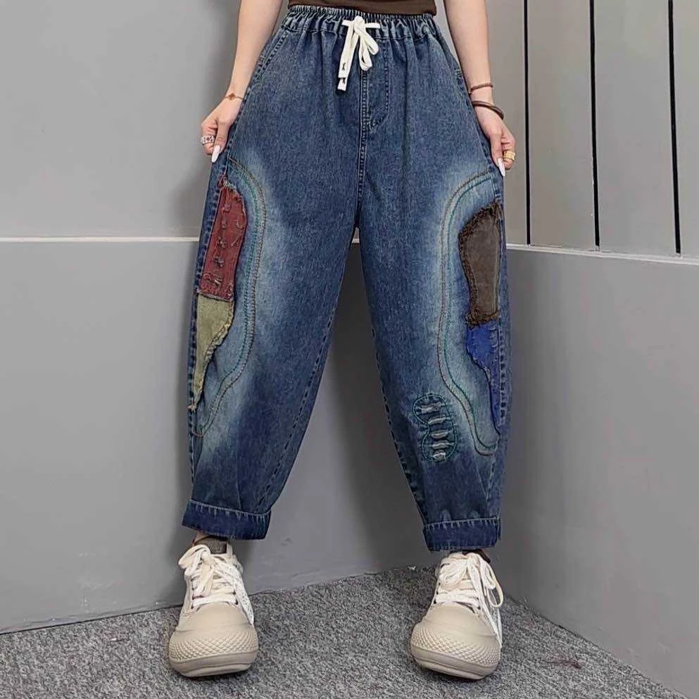 松紧腰抽绳水洗牛仔裤女小众设计款休闲百搭减龄显瘦哈伦裤春款