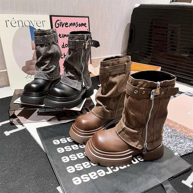 小众设计感西部牛仔英伦甜酷裤管显瘦堆堆靴短靴厚底松糕小个子女