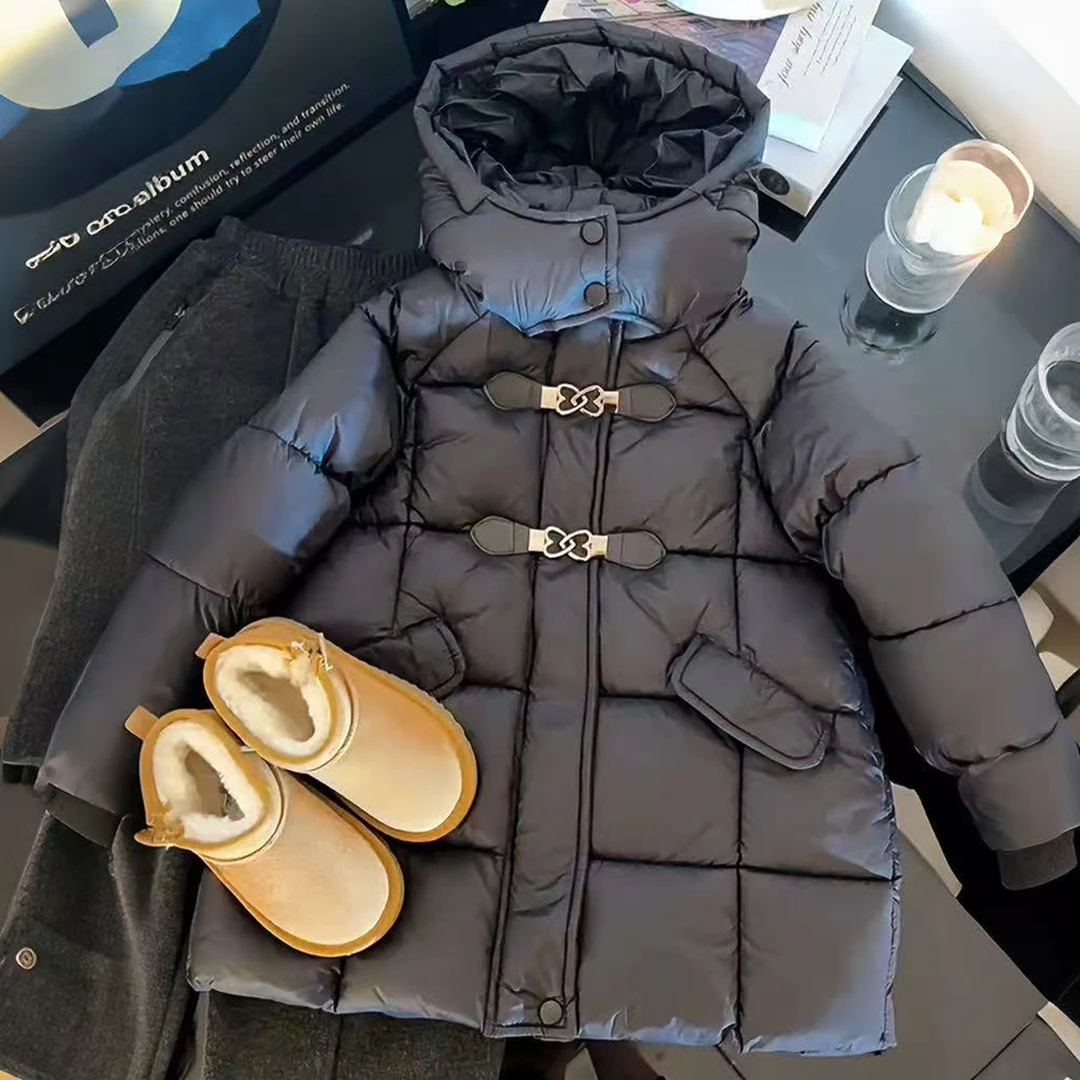 女童夹棉加厚棉衣2025秋冬季新款儿童皮扣中长款棉服连帽保暖外套