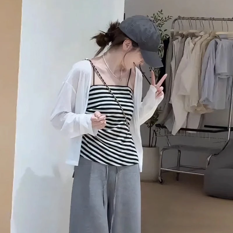 大码胖mm韩系休闲百搭条纹吊带背心女夏季薄款防晒开衫上衣两件套