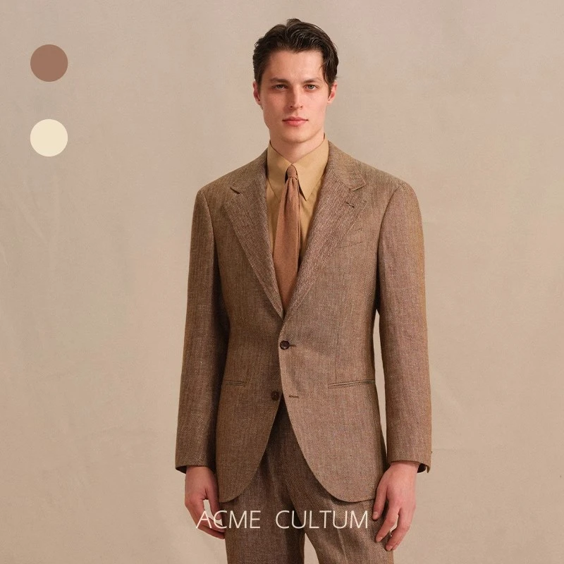 【定织透氧鱼骨纹】AC春季新款棉麻混纺意式西服套装男休闲外套