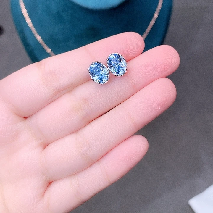银S925镶嵌耳钉海蓝宝石
