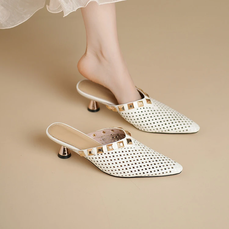 真皮包头半拖鞋2025夏季新款女鞋中跟时尚外穿凉拖鞋女法式穆勒鞋