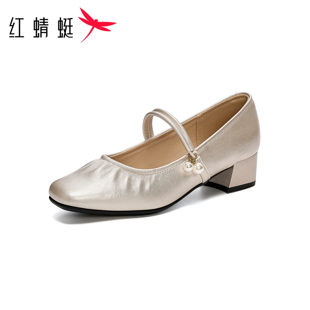 红蜻蜓女士秋季中跟百搭复古松紧带玛丽珍浅口方头粗跟时尚单鞋