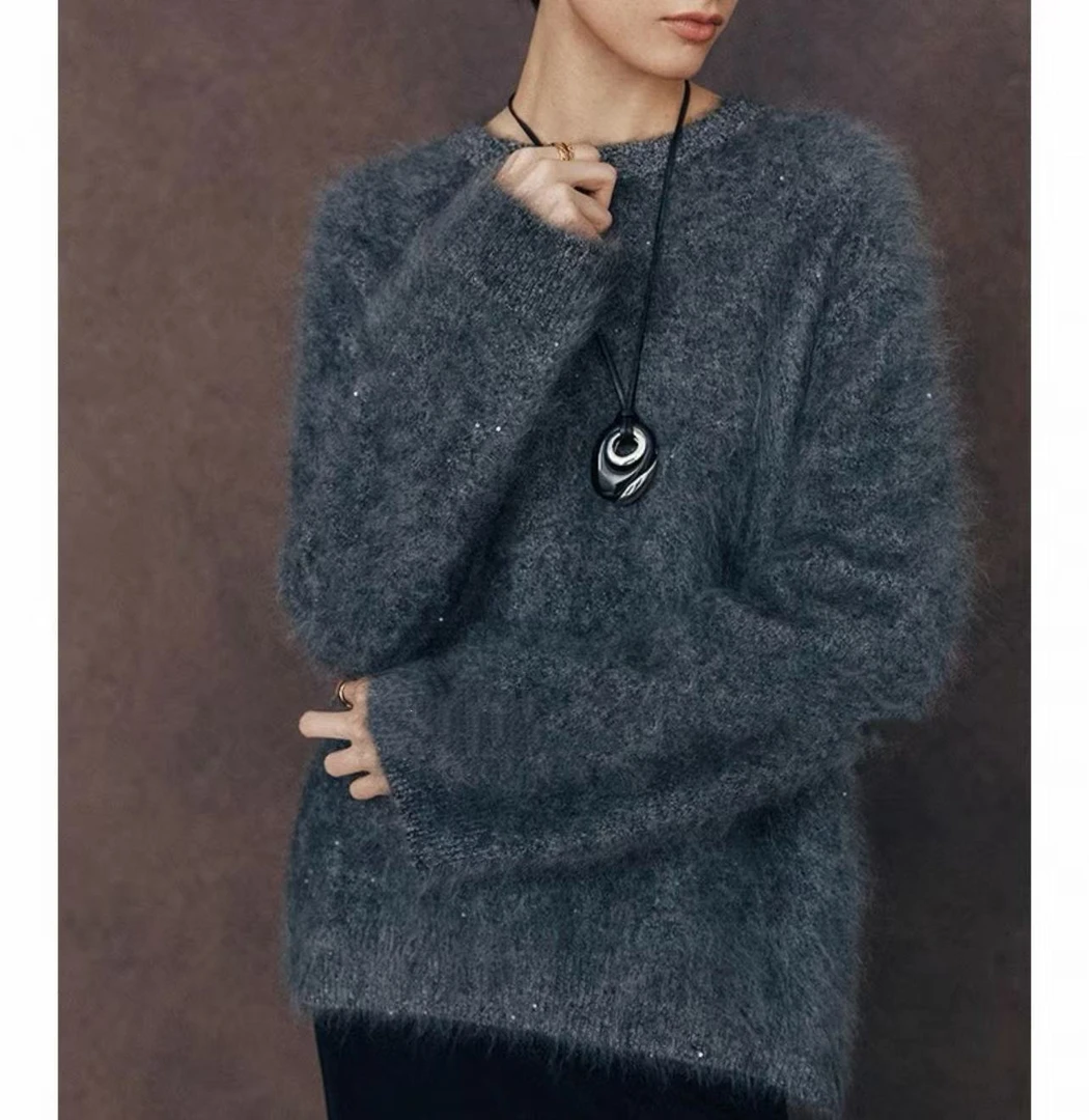 2289 秋冬万能搭~冷调烟灰带珠片山羊绒拉绒