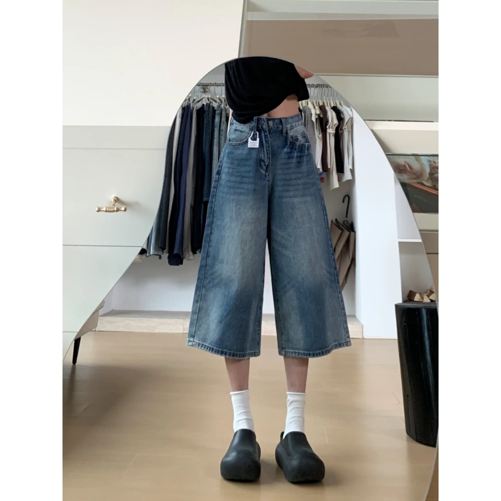 美式复古高腰宽松阔腿裤女2025夏季新款显瘦垂感直筒七分裤牛仔裤