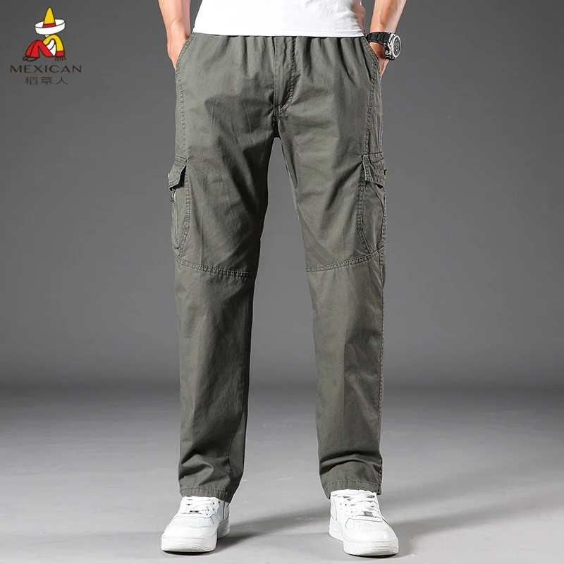 稻草人男士秋冬多袋直筒裤男薄款秋季大码休闲裤裤子口袋纯棉男裤