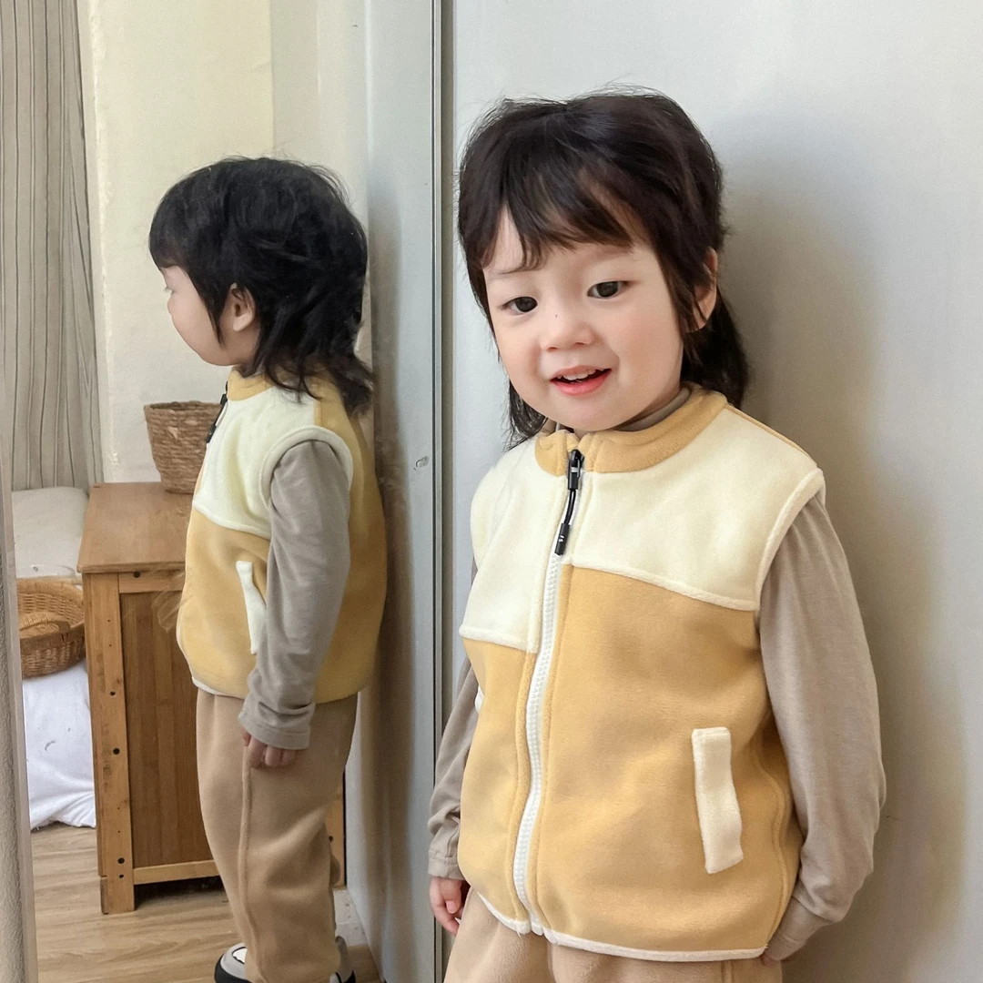 批发韩版儿童马甲奥粒绒拼色防撞色男女宝宝保暖百搭外出坎肩背心