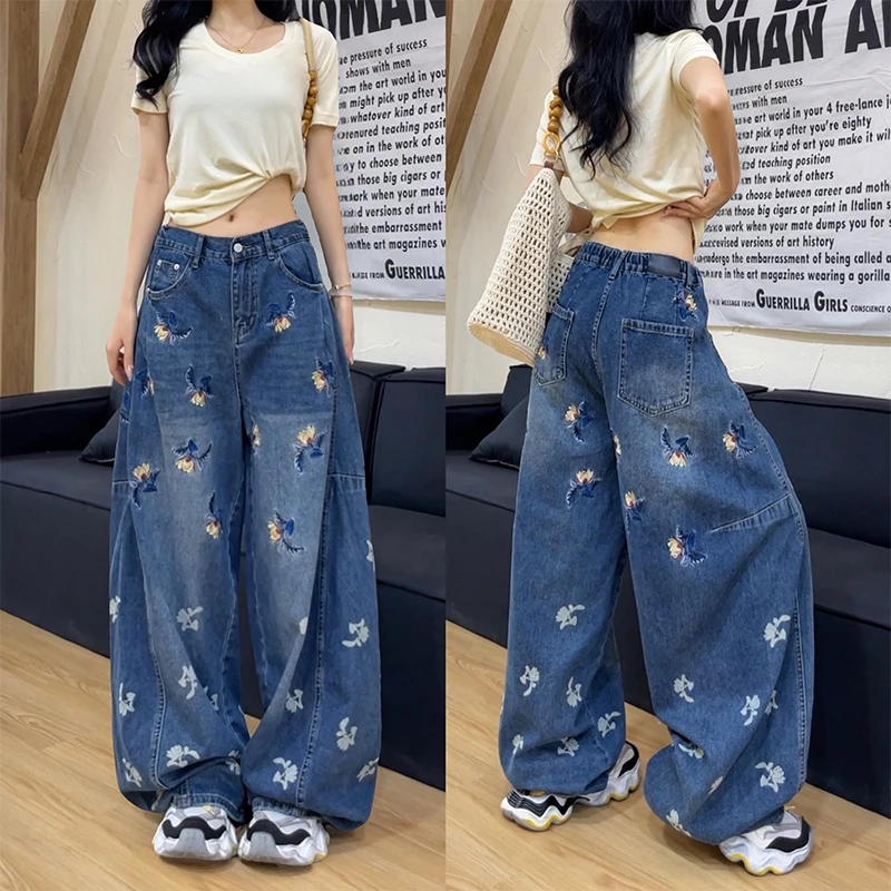 31099重工刺绣花弯刀裤2025年夏季新款宽松慵懒时尚休闲牛仔裤女