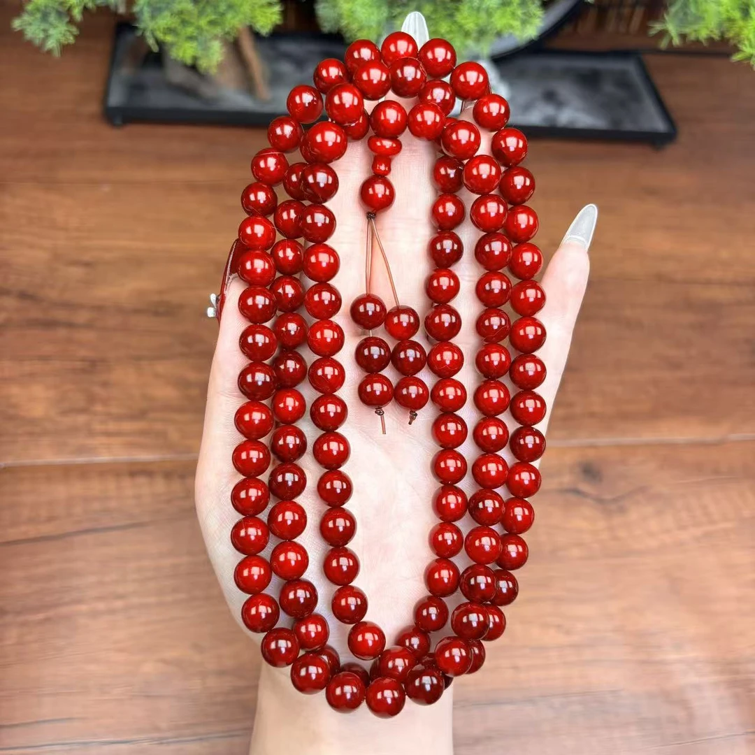 8mm108颗红油全透光文玩手练精品高端藏品手串冰种玉化松木