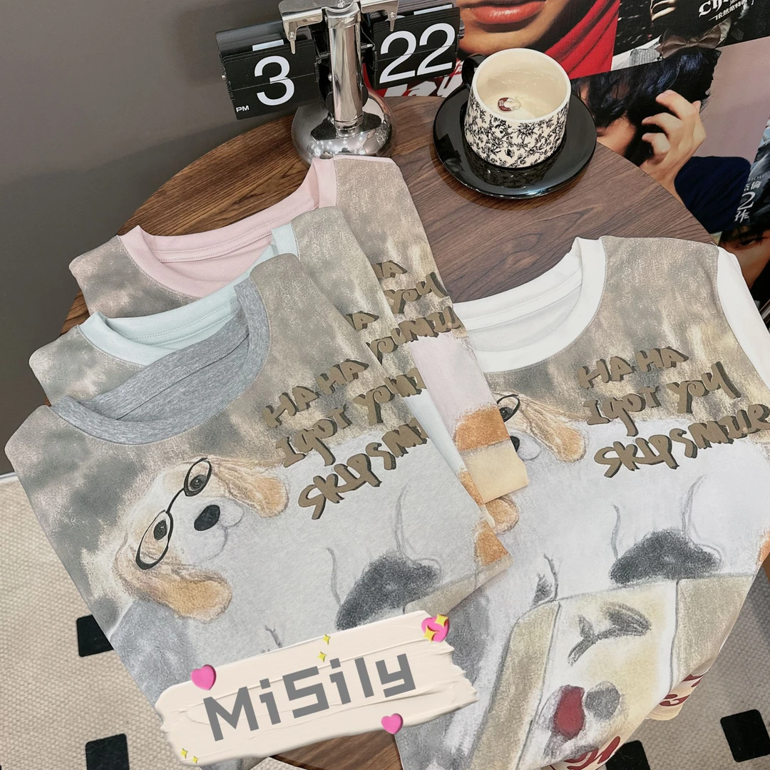 2025春季新款小狗印花短袖T恤女夏季圆领打底衫上衣