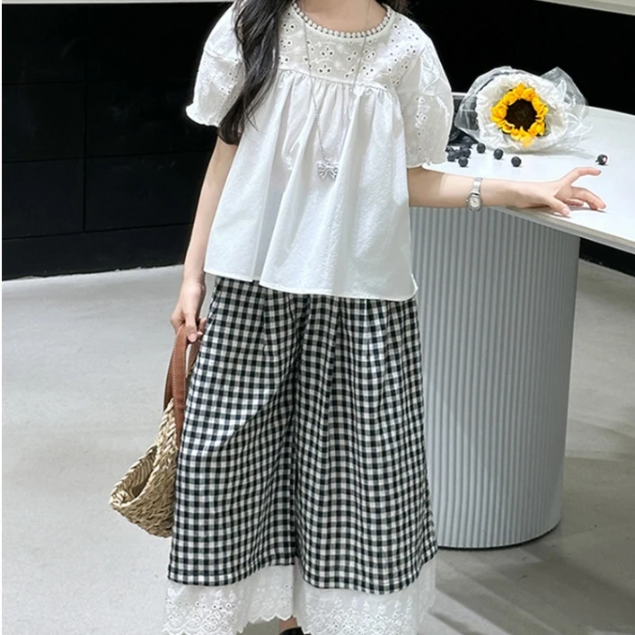 【丫丫童品】2025春季新款大童女童蕾丝T恤格子裤套装-K421