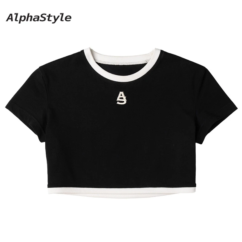 APSL新款女款短袖T恤印花螺纹领口短款露脐装T恤紧身夏日百搭休闲