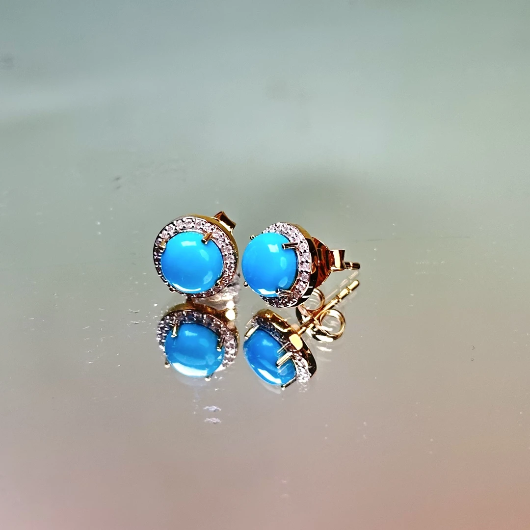 S925银复古金色绿松石耳钉