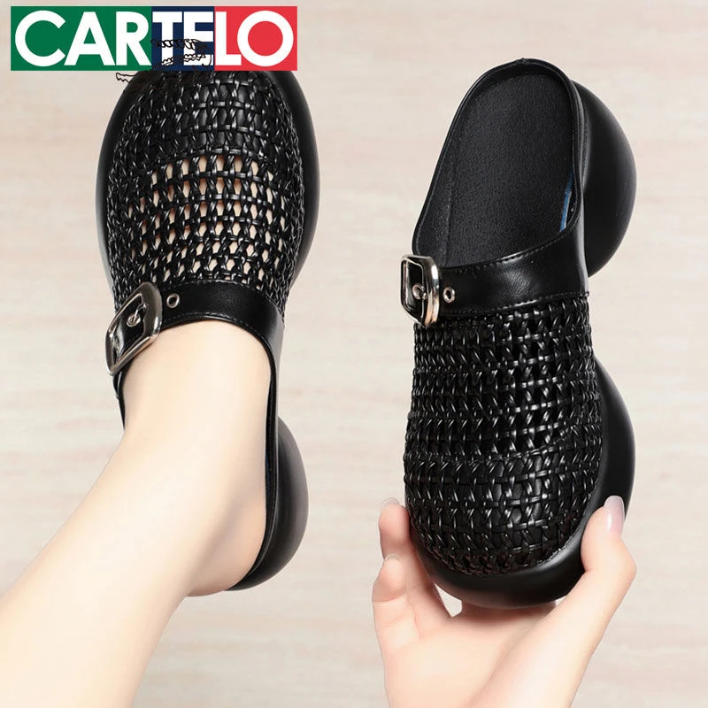 卡帝乐鳄鱼透气粗跟包头半拖鞋女懒高跟防水台凉拖鞋子镂空单鞋