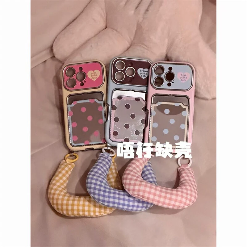 ins拼色爱心波点镜面卡包手腕适用苹果17promax/16防摔手机壳14