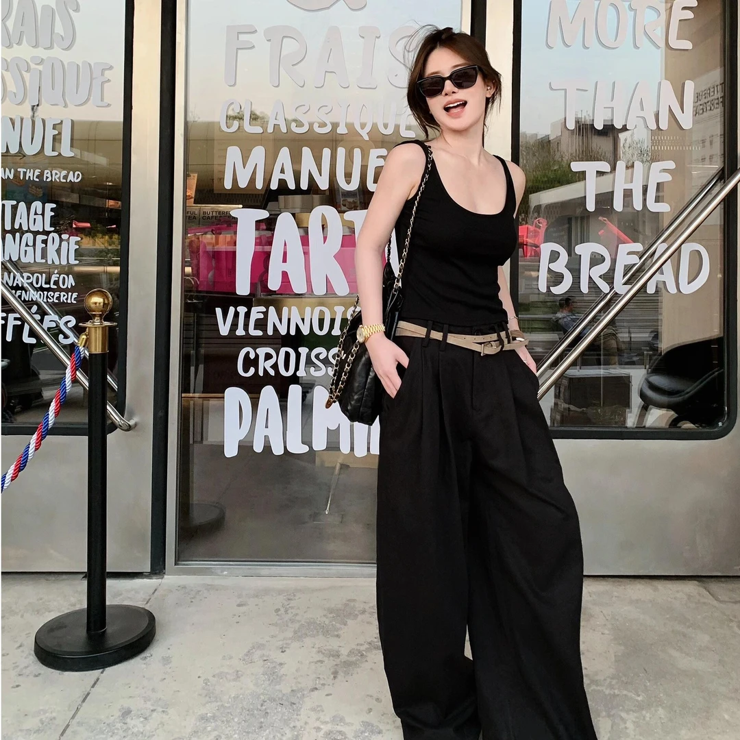 夏季新款网红洋气炸街女装时尚修身百搭吊带上衣休闲百搭阔腿裤女