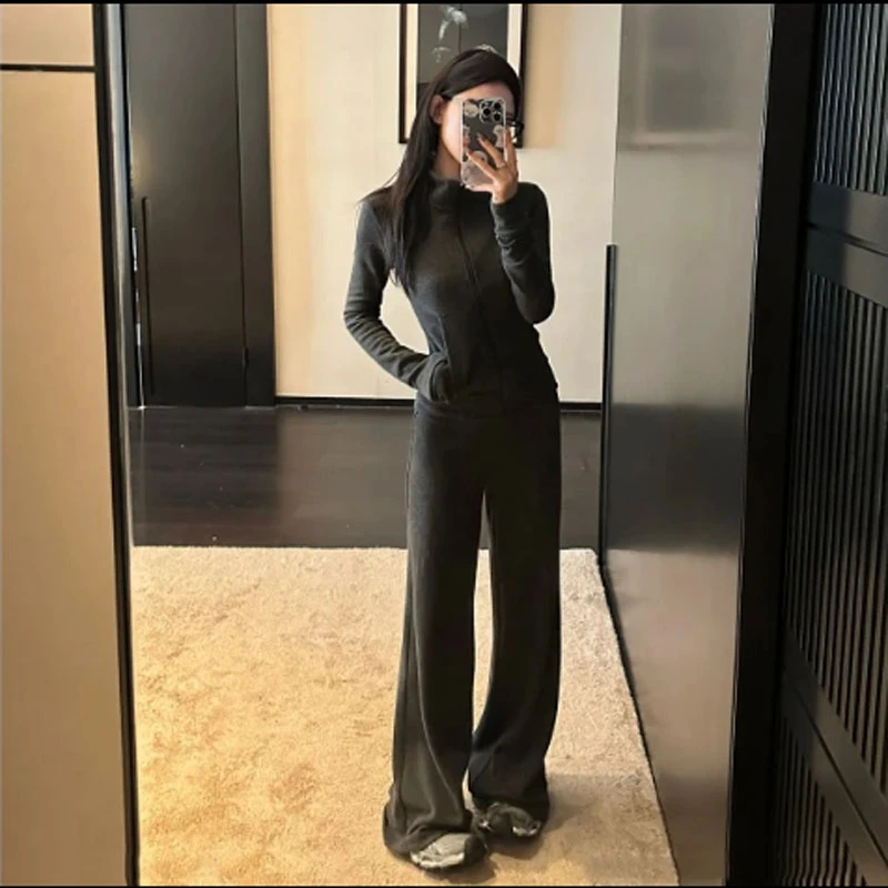 【两只贝壳】灰色条纹长袖套装外套女早秋季老钱风松新款修身服装