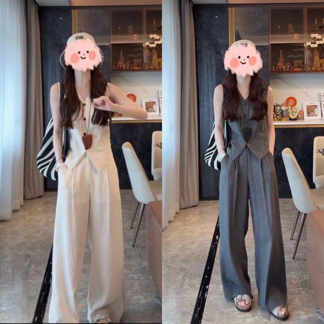 高级感老钱风套装2025新款薄款气质马甲阔腿裤两件套