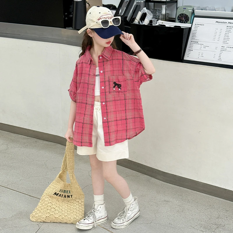 女童夏季短袖衬衫套装2025新款中大童洋气格子上衣短裤两件套夏装
