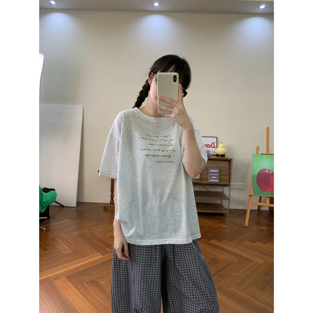 韩系松弛夏日轻薄字母印花短袖圆领套头宽松休闲显瘦T恤上衣百搭