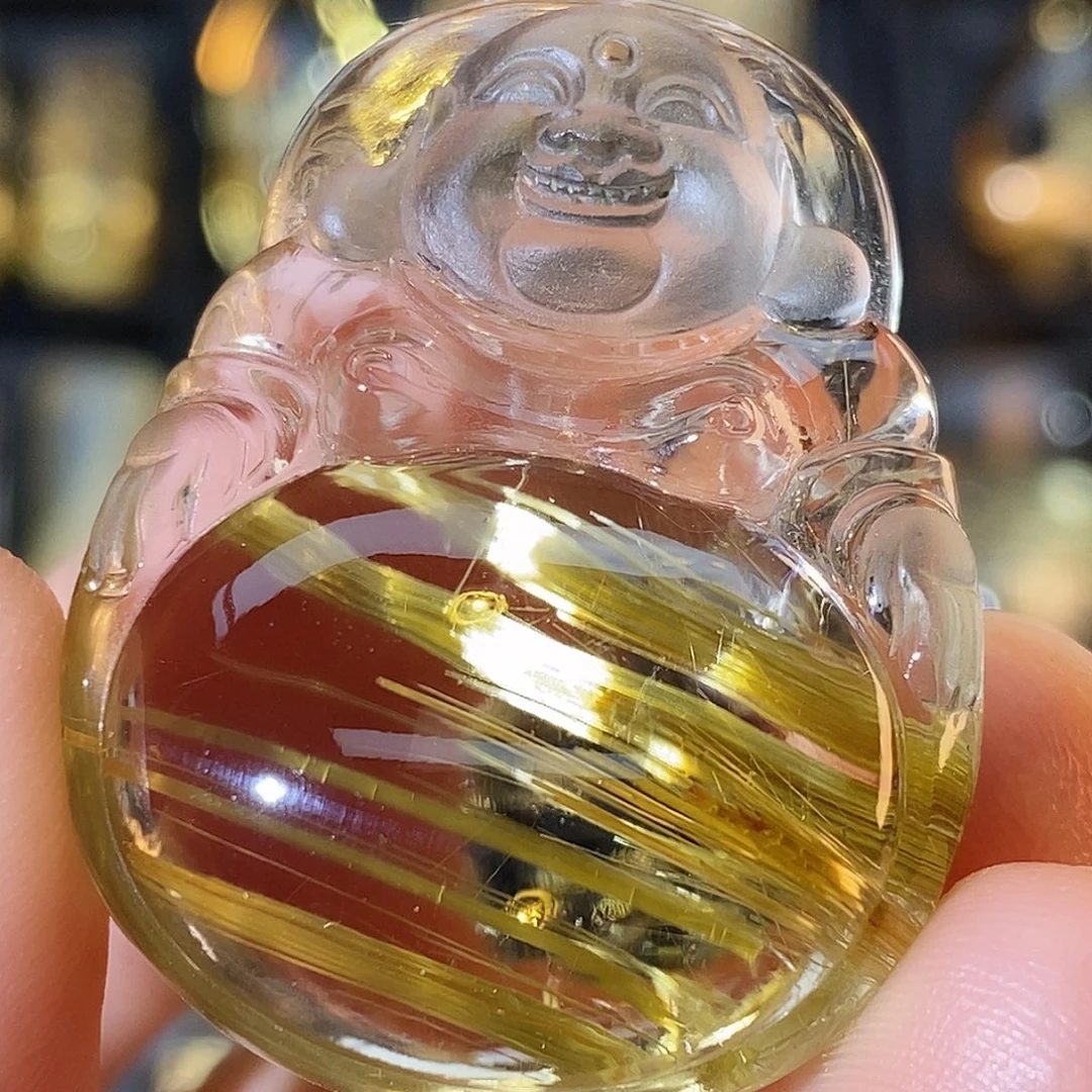 颈饰水晶未镶嵌天然透体顺宽板钛晶佛公吊坠