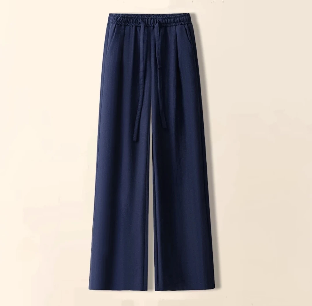 【YEYISTUDIO】超舒适慵懒风女夏亚麻长裤垂感藏青色高腰休闲裤