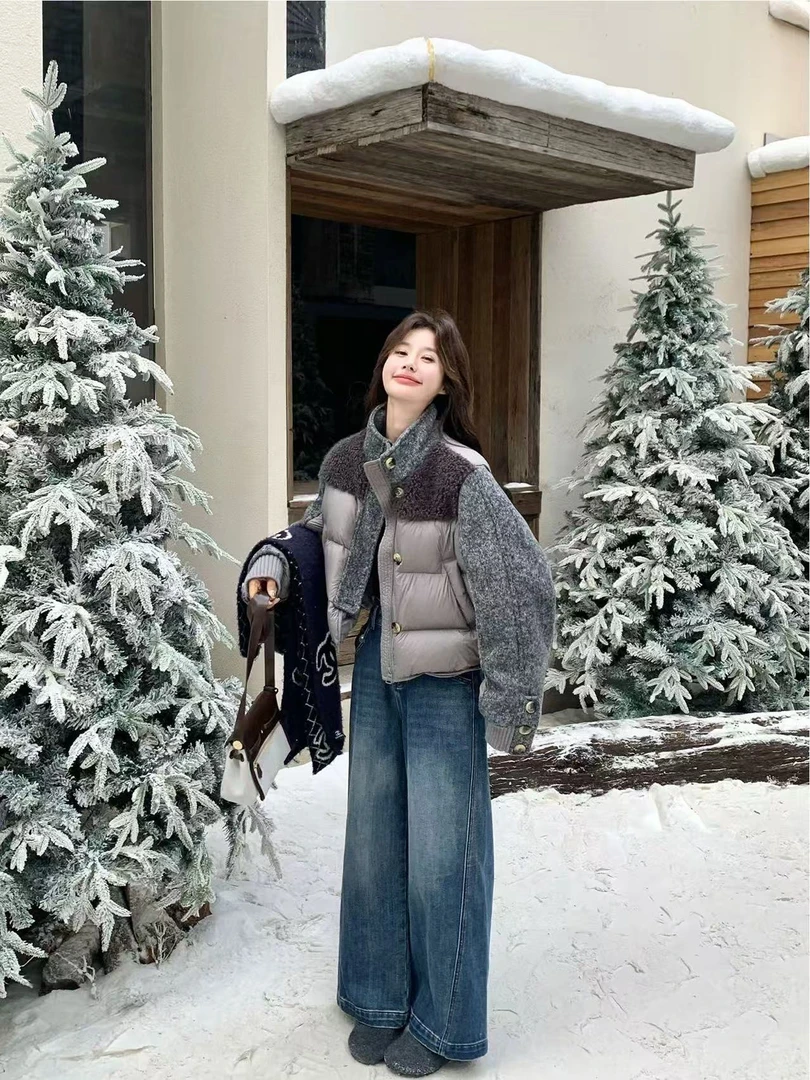 秋冬韩版复古通勤风简约百搭外套拼接羊羔绒宽松短款棉服471632