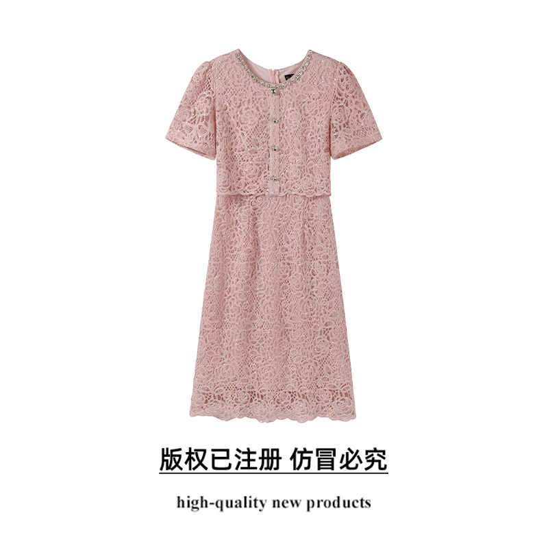 奢姿大码女装2025夏季圆领轻奢蕾丝时尚连衣裙胖妹妹假两件裙子