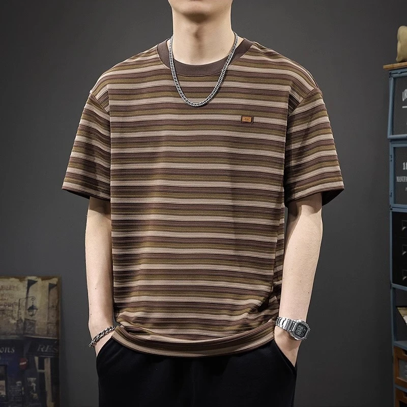 Salodac夏季薄款短袖T恤男新款港风条纹百搭宽松大码重磅体恤潮