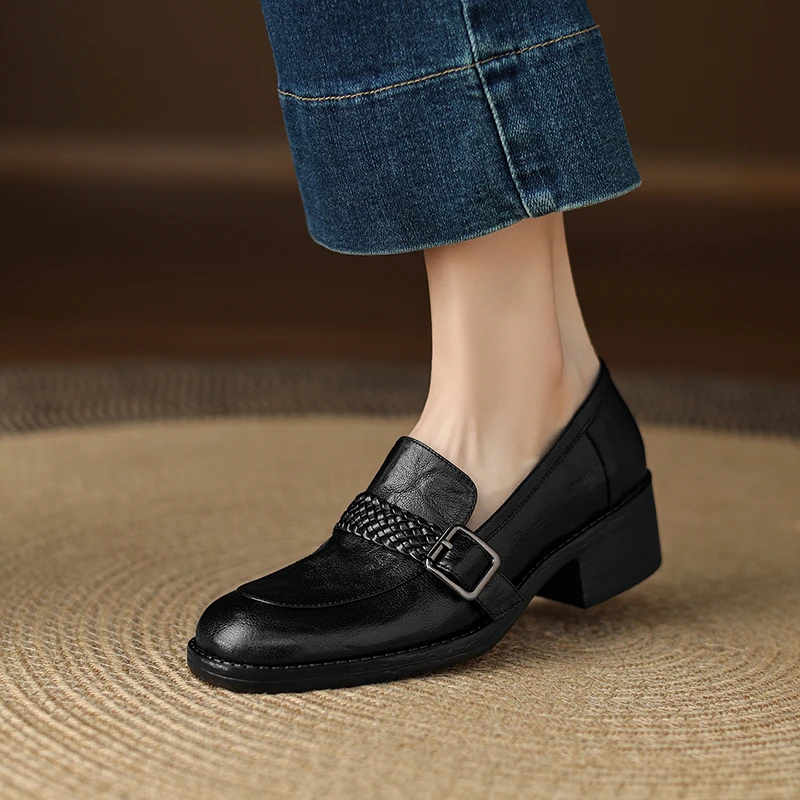 英伦风羊皮乐福鞋女款一脚蹬小皮鞋粗跟中跟深口单鞋真皮春秋女鞋