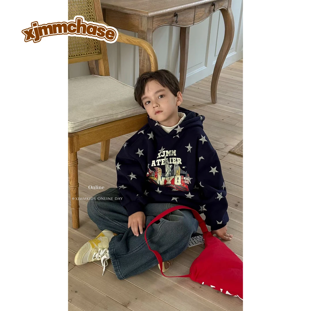 虾酱麻麻男童加绒卫衣秋冬装2025新款男孩洋气卡通儿童装连帽上衣