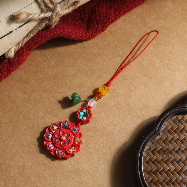 含辰砂工艺品（桃）六字真言吉祥八宝朱砂手机包包挂件