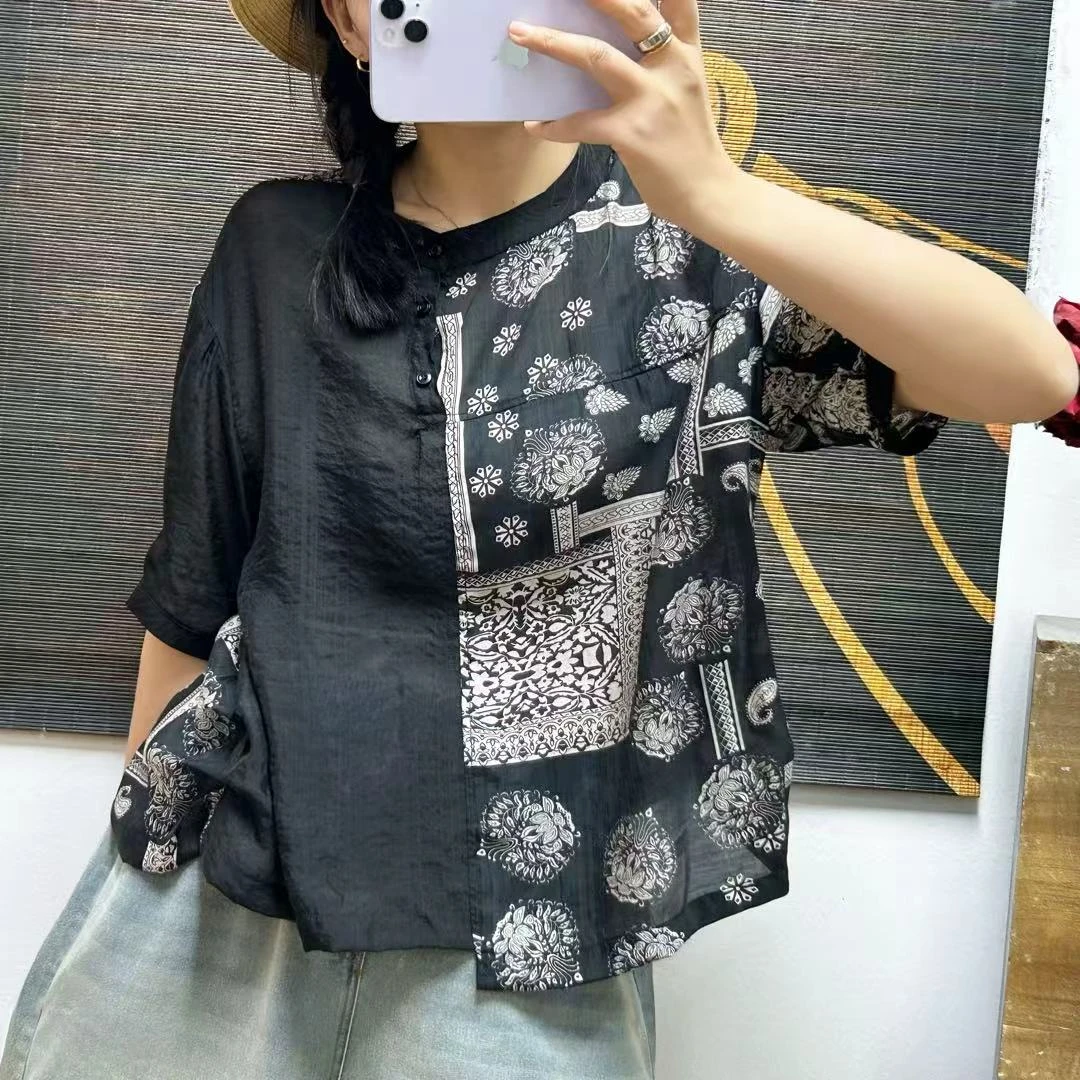 数码印花麻料小立领短袖百搭夏季显瘦小衫女AYM 2584