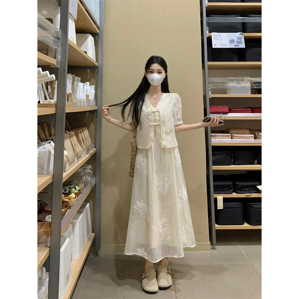 新中式套装女国风盘扣刺绣提花衬衫气质V领吊带连衣裙两件