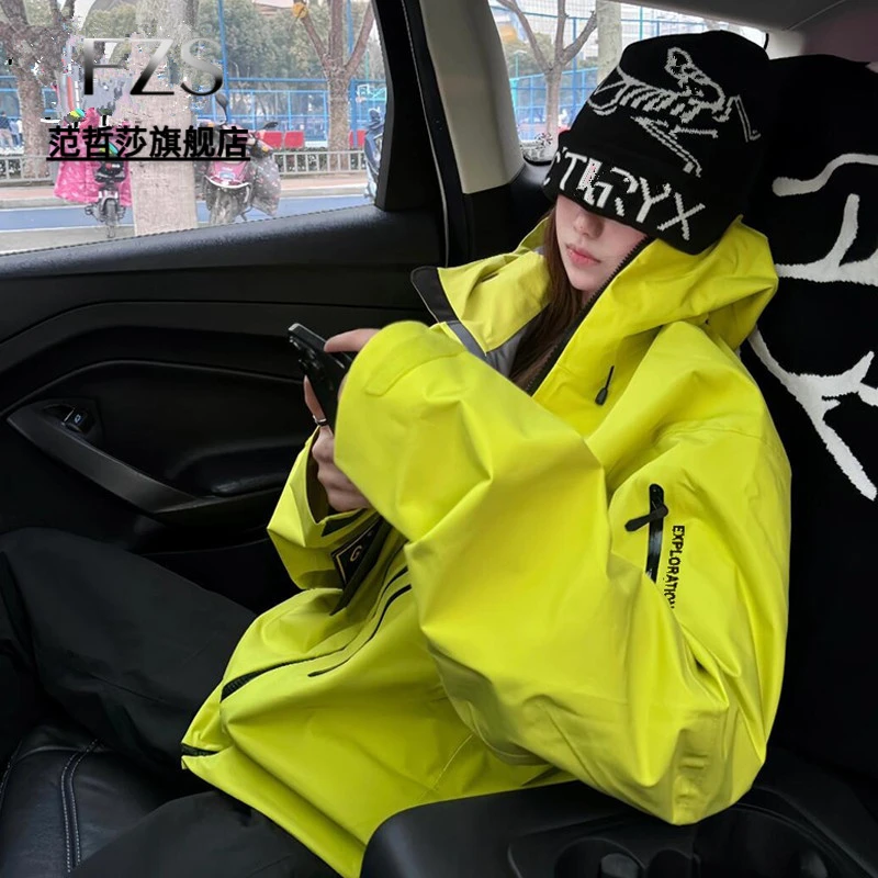 鸟家同款户外秋冬季防水防风冲锋衣女三合一荧光绿硬壳户外超轻防