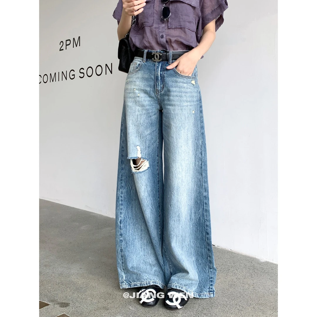 【破洞牛仔】美式高街破洞高腰宽松显瘦阔腿裤