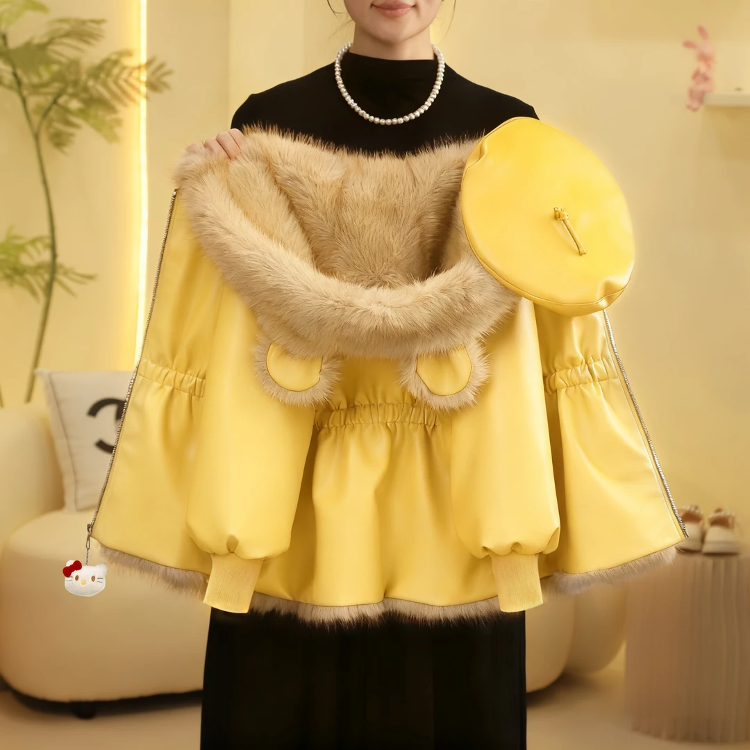 2025冬季女童毛毛外套加绒加厚收腰显瘦连帽皮派克外套5530007091