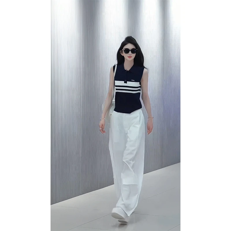 网红款酷飒个性夏季穿搭撞色翻领无袖针织衫高腰垂感拖地休闲裤子