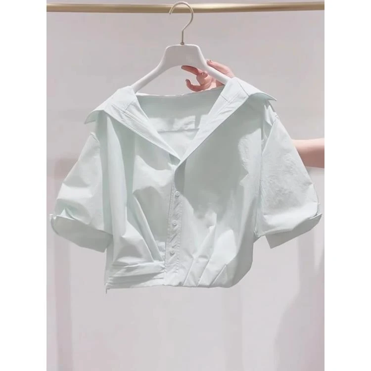 超好看薄荷绿翻领泡泡袖衬衫女2025年夏季新款慵懒风宽松短款上衣