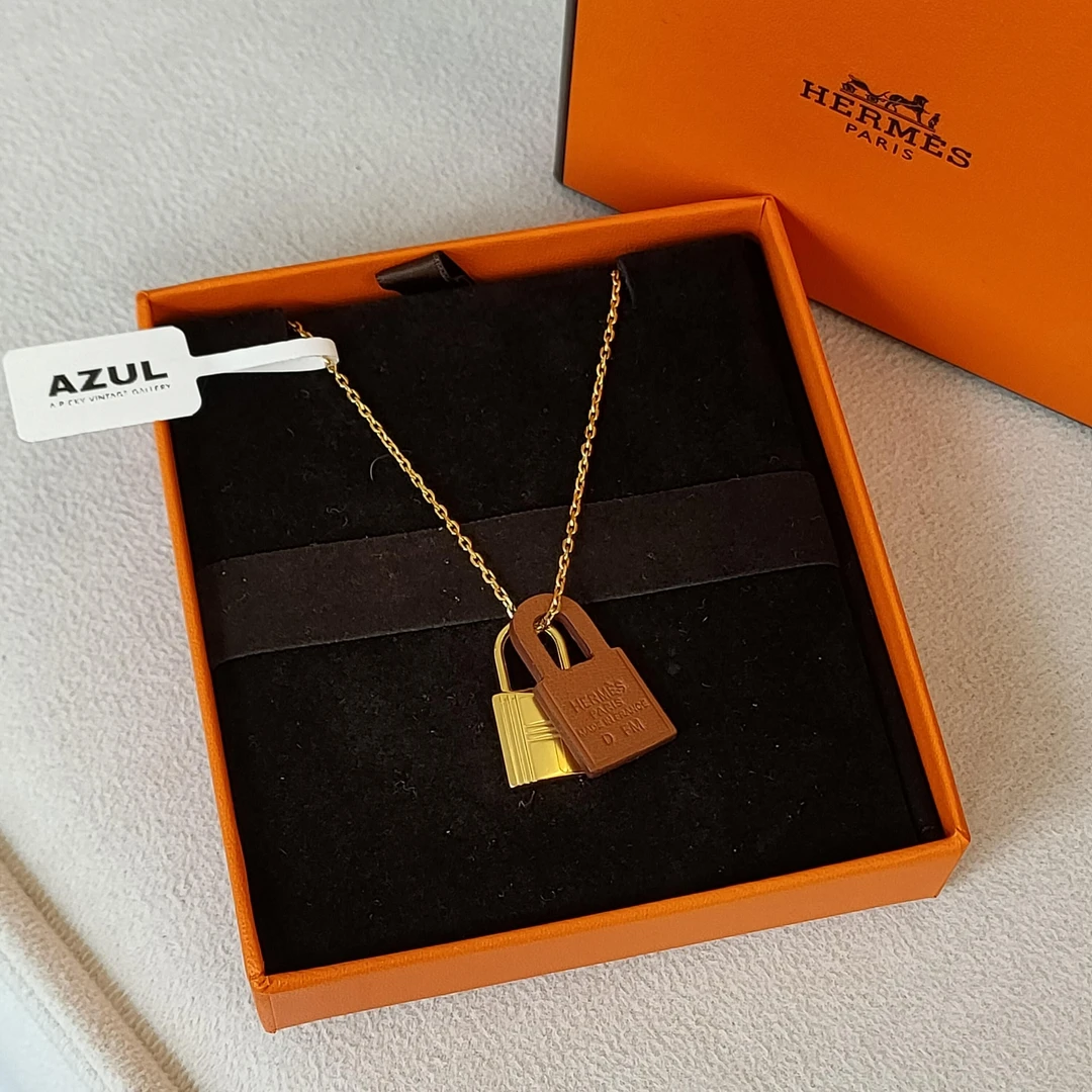 95新 Hermes/爱马仕 Azul-金棕拼色o'kelly锁头项链/48323