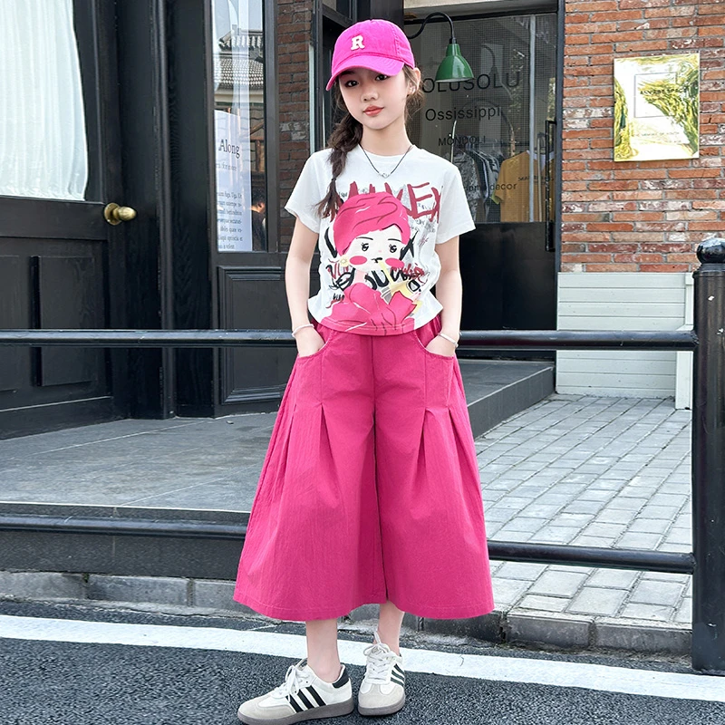 女童夏装韩版宽松裙裤套装2025新款中大童卡通涂鸦短袖两件套甜美