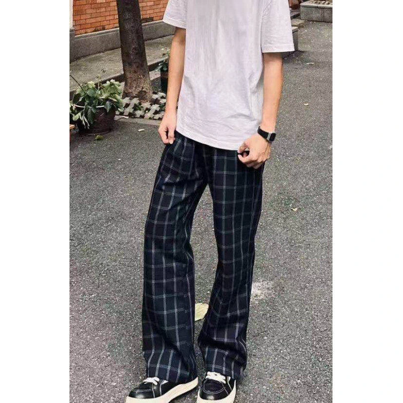 何以至此格子裤子男夏季薄款美式高街直筒微喇裤显腿长提裆运动裤
