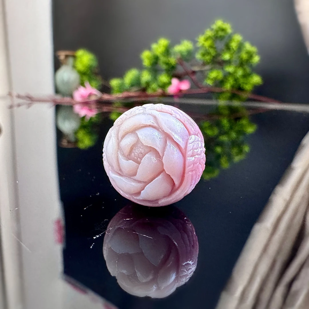 天然盐源玛瑙玉粉色凤穿牡丹19.6mm巧雕满雕圆珠