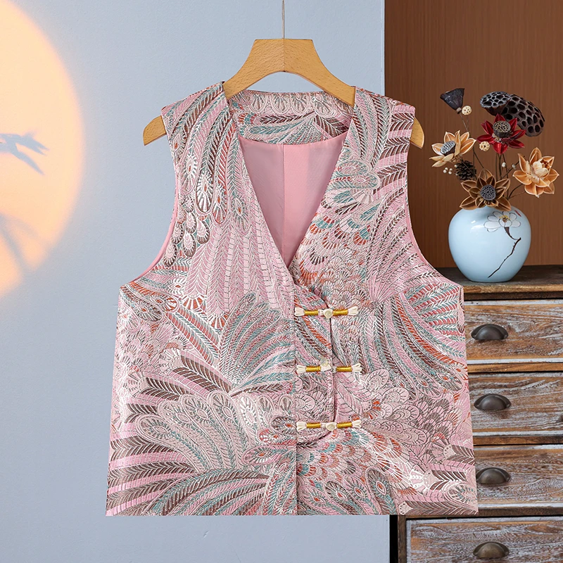 新款国风复古国风背心时尚中式盘扣刺绣春秋款马甲坎肩提花外套女