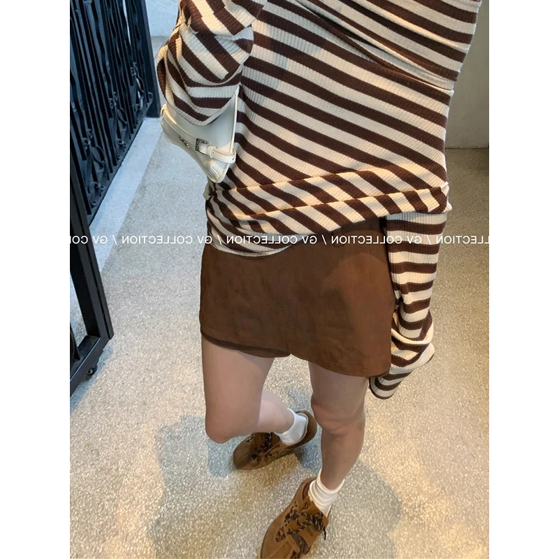 耶古美拉德琥珀棕假两件短裙女早秋穿搭高腰a字裙裤侧开叉半身裙