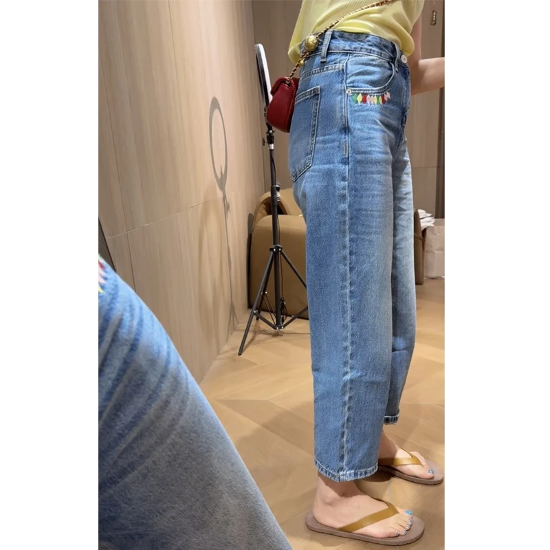 萱贝纯波西米亚风窄版刺绣直筒牛仔裤女夏季薄款时尚百搭九分裤子